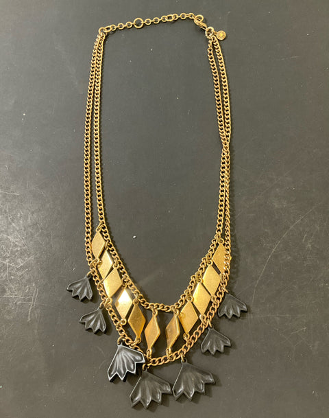 J. Crew Gold Tone Statement Chain Dangle Frond Necklace Rhinestones 2000s Y2K