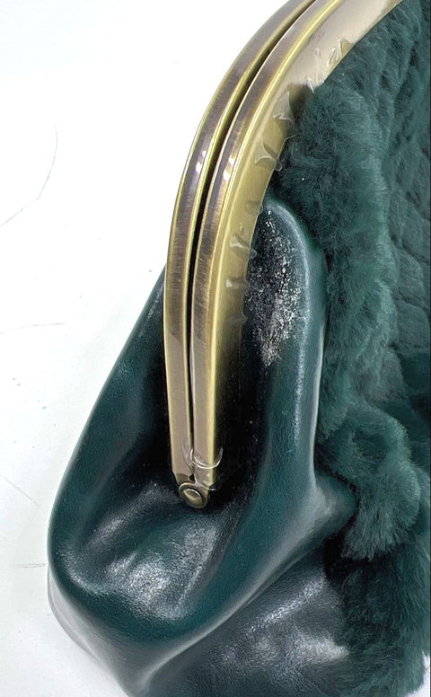 Patricia Nash Green Faux Fur Leather Frame Kiss Lock Clutch Bag Brass Hardware