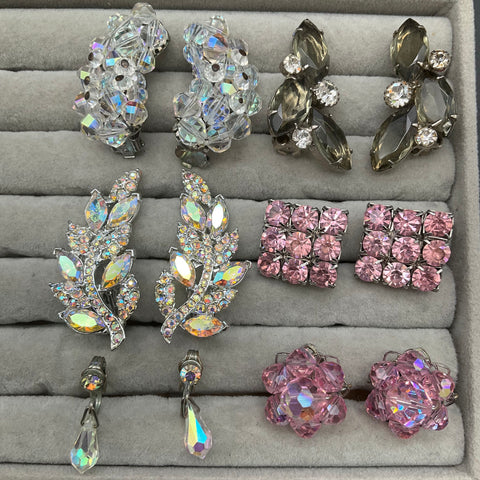 Vintage Sparkly Rhinestone AB Crystal Clip On Earrings Lot 6 Pairs Floral Leaf