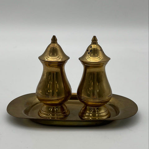 Salt and Pepper Shakers Set Vintage Brass Traditional 3 Pieces With Oval Tray