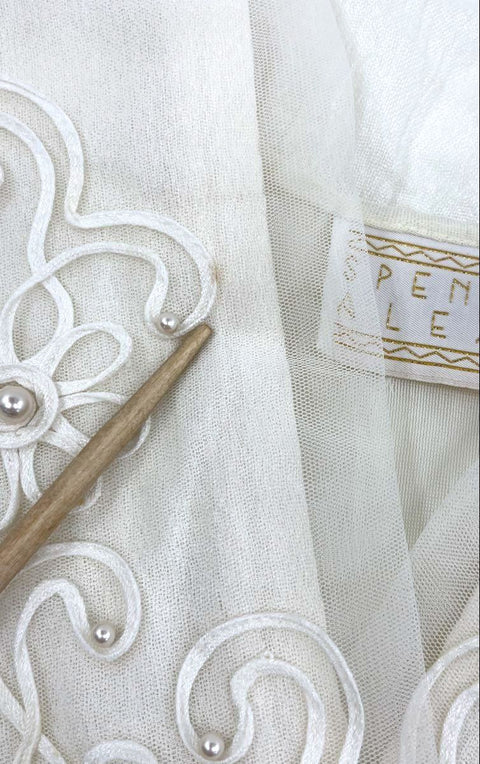 Spencer Alexis Women's Vintage 90s Ivory Rayon Lace Pearl Trim Maxi Dress Sz 12