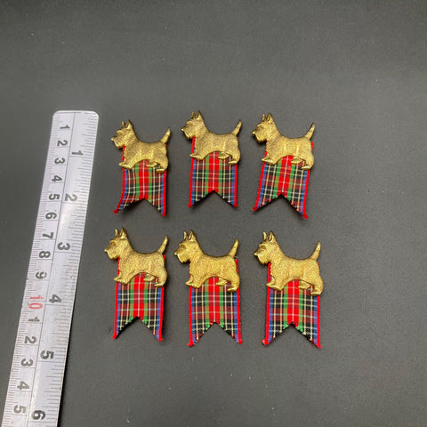 Vintage Gold Tone Scottie Dog Button Covers Tartan Plaid Ribbon Set of 6
