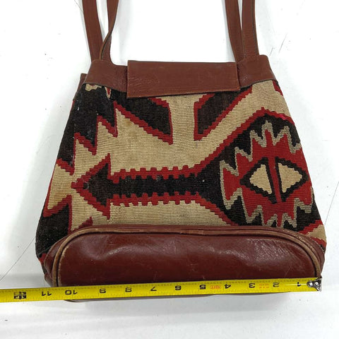 Vintage 90s Yun Art Brown Woven Kilim Southwestern Leather Shoulder Bag Tote