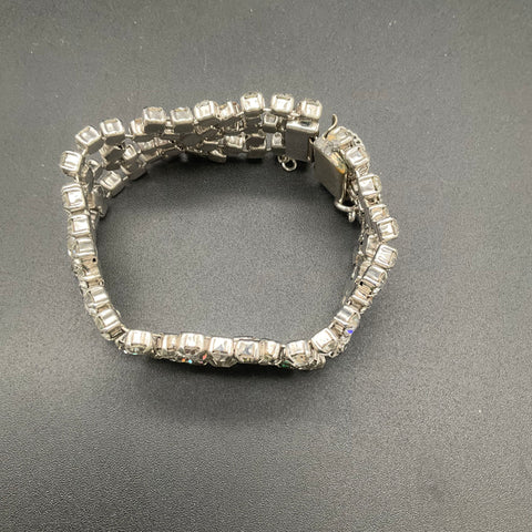 Vintage Mid-Century Silver Tone Rhinestone Bracelet & Chandelier Clip Earrings