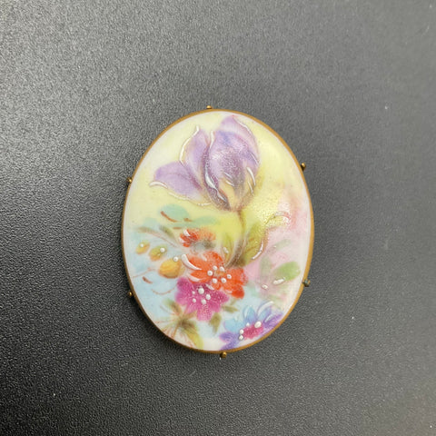 Vintage Hand Painted Porcelain Floral Brooch Gold Tone Oval Moriage Style 1.75"