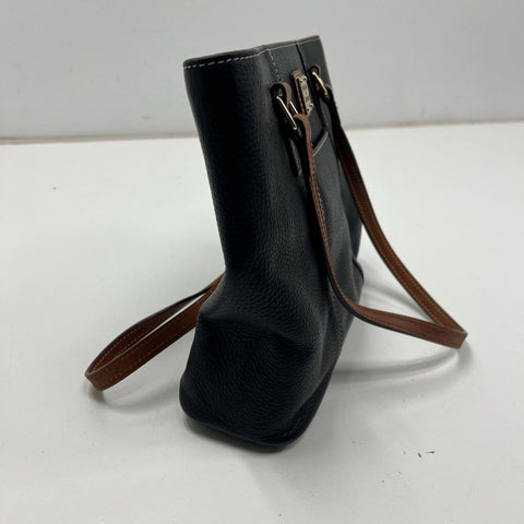 Dooney & Bourke Black Pebbled Leather Brown Trim Tote Shoulder Bag Gold Hardware