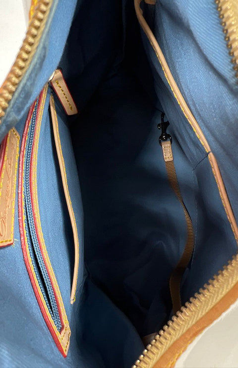 Dooney & Bourke White Patent Leather Tassel Hobo Bag Tan Trim