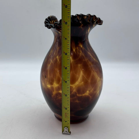 Art Glass Vase Amber Tortoiseshell Mottled Brown Ruffled Rim Vintage 9 Inch
