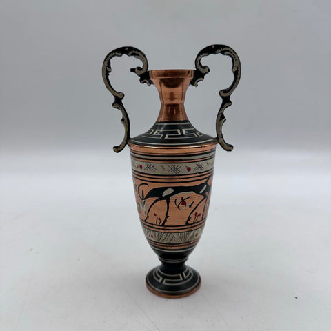 Vintage Greek Copper Vase Handmade Hand Painted Goat Motif Ornate Handles Greece