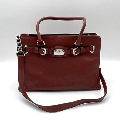 Michael Kors Burgundy Pebbled Leather Buckle Satchel Bag Silver Hardware