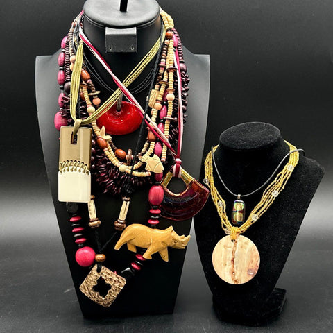 Boho Eclectic Jewelry Lot Beaded Animal Pendants Wood Resin Glass Necklaces