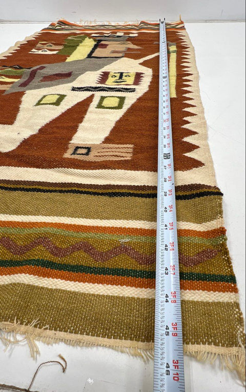 Vintage Andean Peruvian Woven Tapestry Rug Incan Warrior Motif Flatweave 47x23