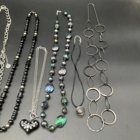 Black and Silver Tone Fashion Jewelry Lot of 7 Necklaces Rhinestone Heart Beads