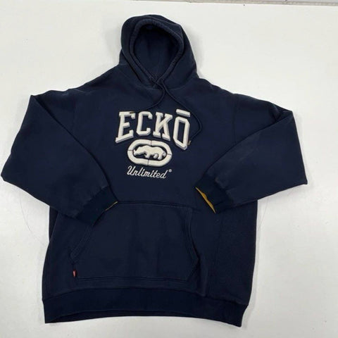 Vintage Y2K Ecko Unltd Men's Navy Blue Rhino Logo Applique Hoodie Sz XL