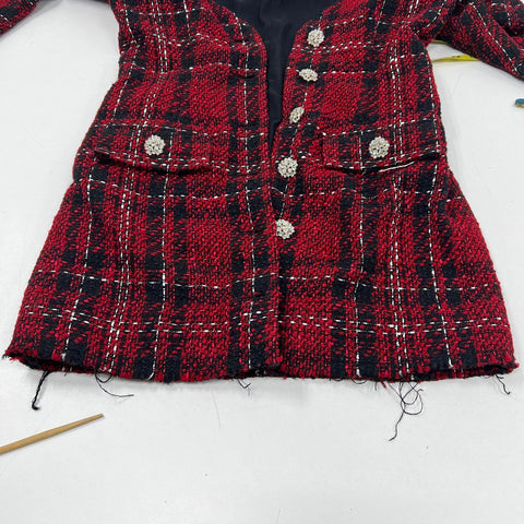NBD Women's Red Black Plaid Tweed Crystal Button Blazer Jacket Sz M