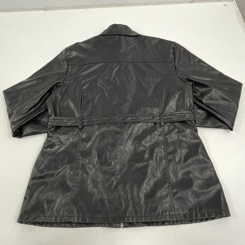 Outer Edge Black Faux Leather Belted Moto Jacket Coat Women's XL