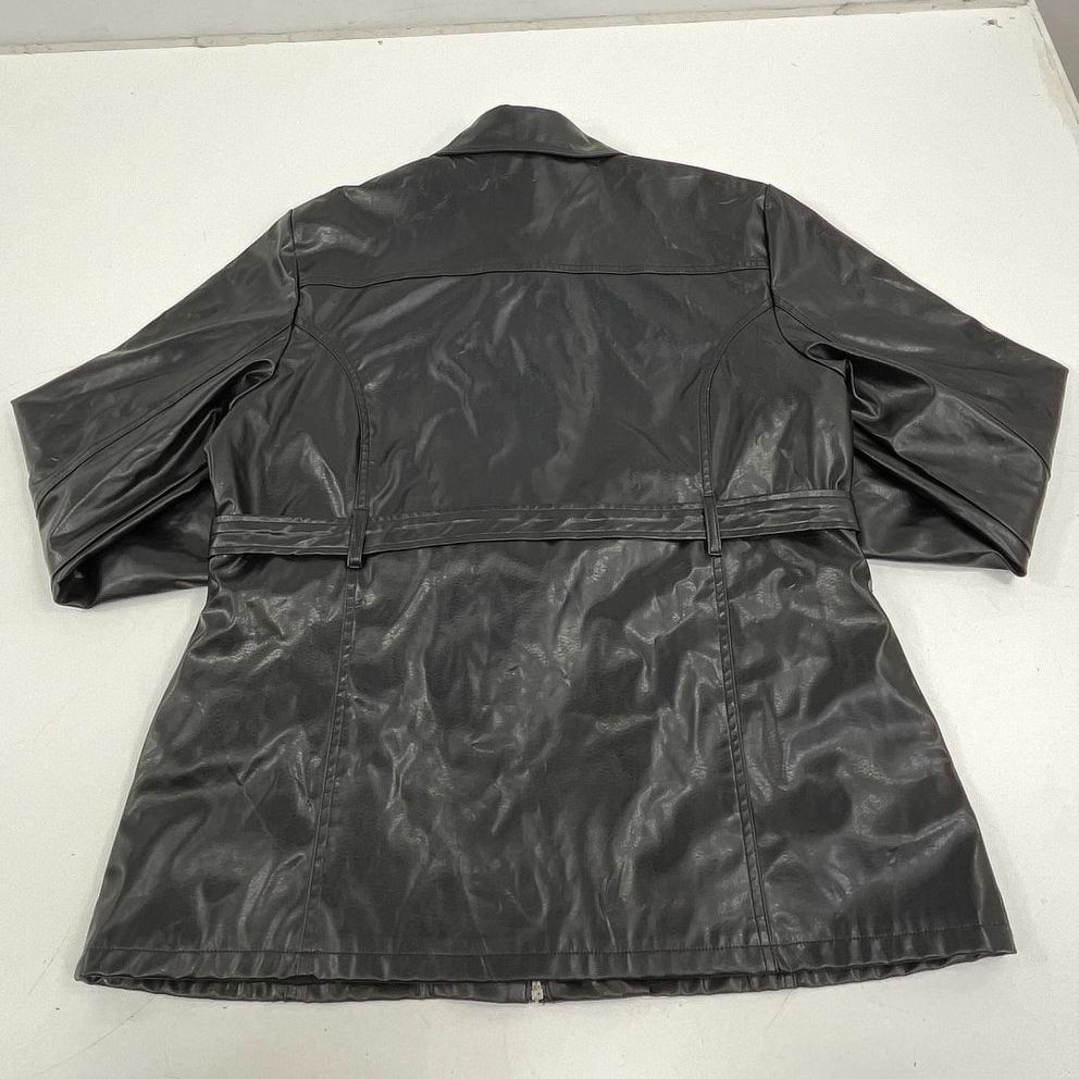 Outer Edge Black Faux Leather Belted Moto Jacket Coat Women's XL