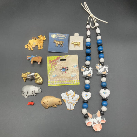 Vintage AJC Cow Pig Farmhouse Jewelry Lot Necklace Brooches Pins Mixed 11 Piece