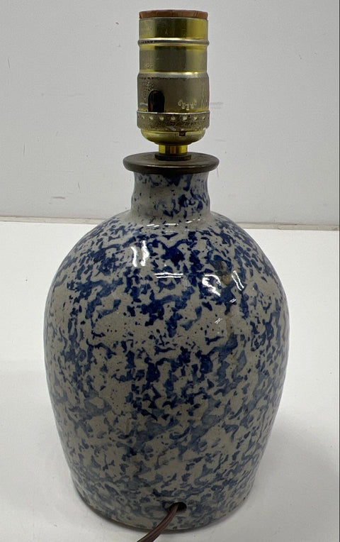 Vintage Spongeware Ceramic Table Lamp Blue and White Splatter Glaze 10 Inch