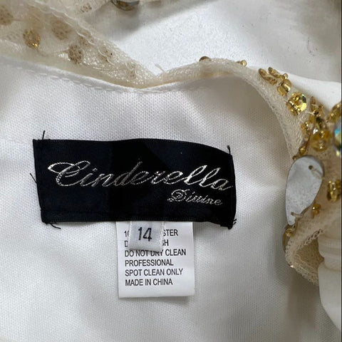 Cinderella Divine Women's Gown Dress Ivory Gold One Beaded Slit NWT Sz 14