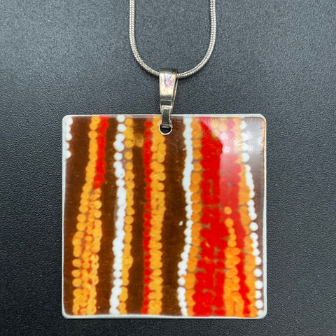 Mondo Rondo Australian Indigenous Art Square Pendant Necklace Hand Made Boxed