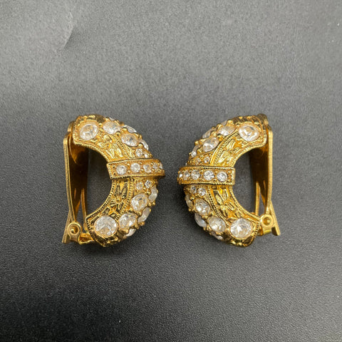 Vintage Les Bernard Gold Tone Clear Rhinestone Pave Dome Clip On Earrings