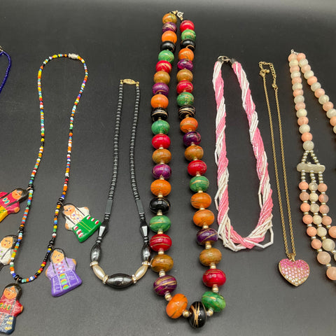Vintage to Modern Costume Jewelry Lot of 11 Necklaces Statement Beaded Folk