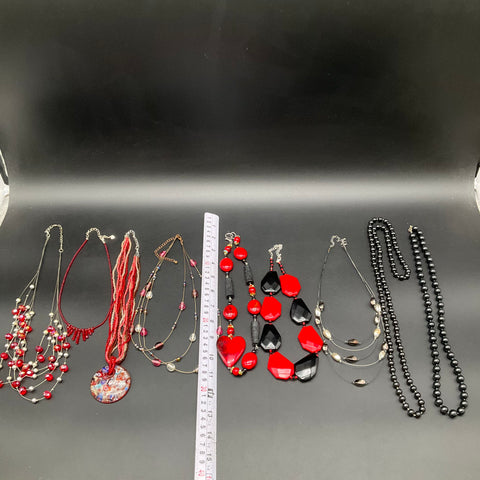 Vintage to Modern Costume Jewelry Necklace Lot of 9 Red Black Beaded Pendants