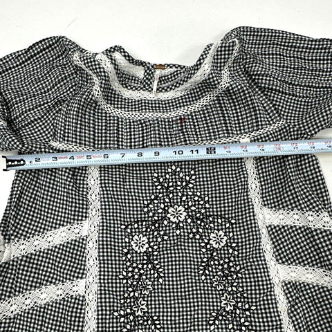 Free People Women's Black White Gingham Floral Embroidered Lace Tunic Dress Sz M
