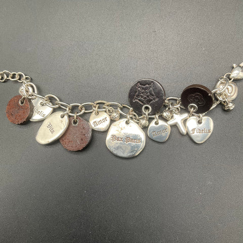 Brighton Amulet Charm Bracelet Silver Tone Leather Heart Cross Latin Words 7"