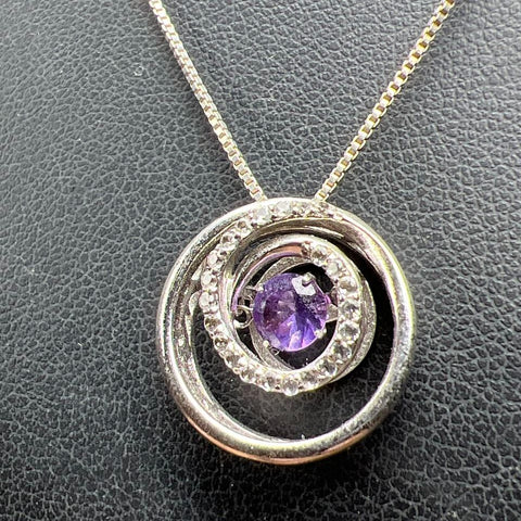 Sterling Silver Circle Purple & Clear Stone Pendant Necklace 4.3g