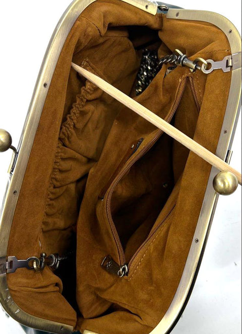 Patricia Nash Green Faux Fur Leather Frame Kiss Lock Clutch Bag Brass Hardware