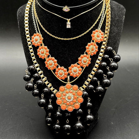 Vintage to Modern Gold Tone Costume Jewelry Lot Statement Necklaces Beaded Boho
