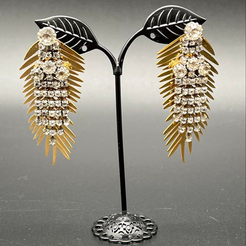 Dora Mae Gold Tone Rhinestone Palm Frond Statement Dangle Earrings