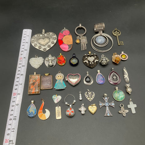 Vintage and Modern Costume Jewelry Pendant Lot of 35 Hearts Crosses Stones