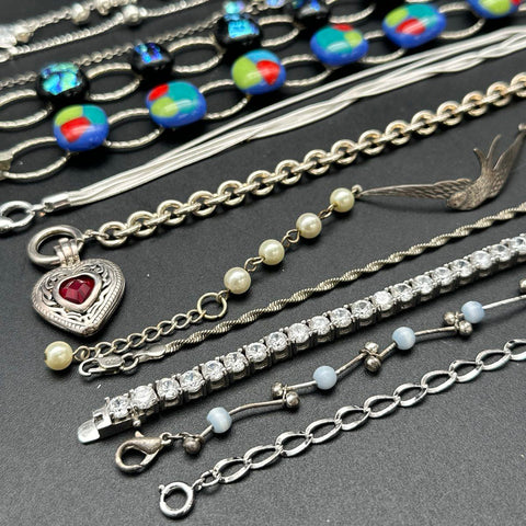 Silver Tone Costume Jewelry Bracelet Lot of 12 Vintage to Modern Tennis Heart