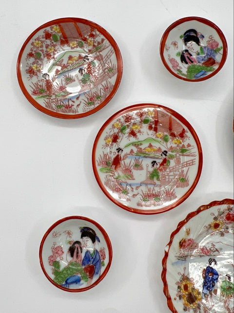 Vintage Japanese Hand Painted Geisha Porcelain Dish Lot 7pc Landscape Japan