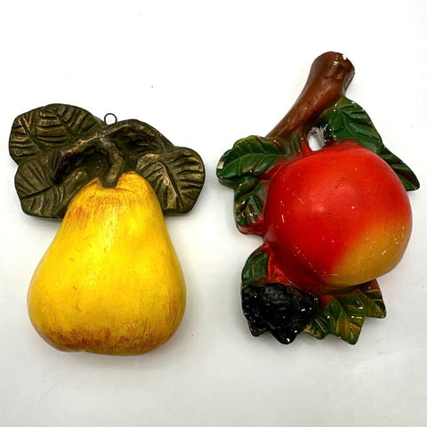 Vintage Chalkware Fruit Wall Hangings Set of 2 Apple & Pear Retro Kitchen Decor