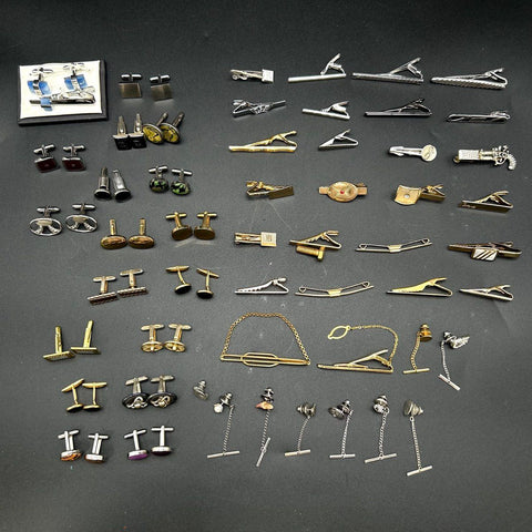 Vintage Men's Jewelry Lot Cufflinks Tie Clips Tacks Pins Gold Silver 50pc