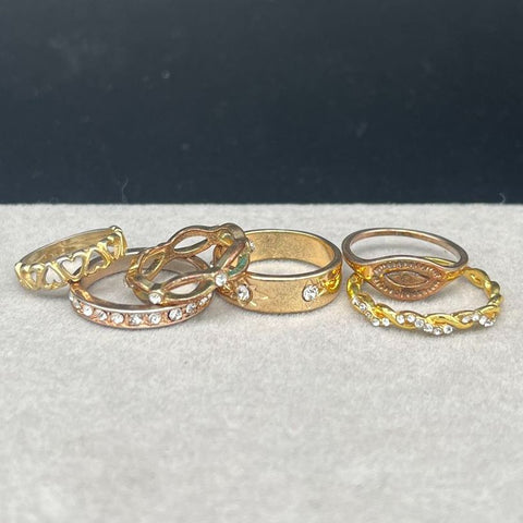 Gold Tone Fashion Ring Lot of 6 Heart Cutout Twisted Band Rhinestone Accents