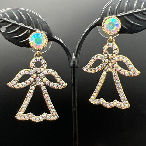 Heidi Daus Signed Gold Tone AB Crystal Pave Angel Dangle Earrings 1.5"