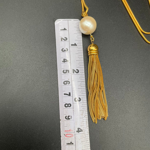 Vintage Anne Klein Gold Tone Faux Pearl Tassel Snake Chain Necklace 34"
