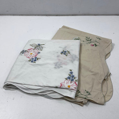 Vintage Embroidered Tablecloth Lot 2 Floral Scalloped Edge White Tan