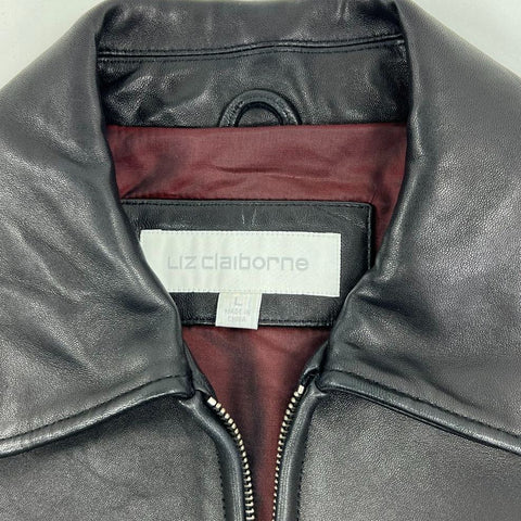 Vintage Y2K Liz Claiborne Black Leather Zip Front Jacket Women's L