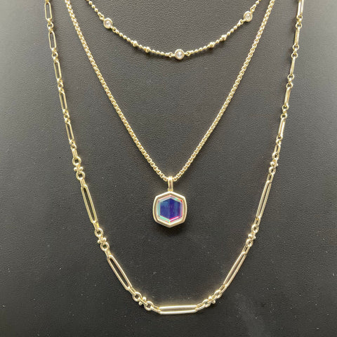 Kendra Scott Layered Necklace Gold Tone Hexagon Iridescent Pendant 3-Strand