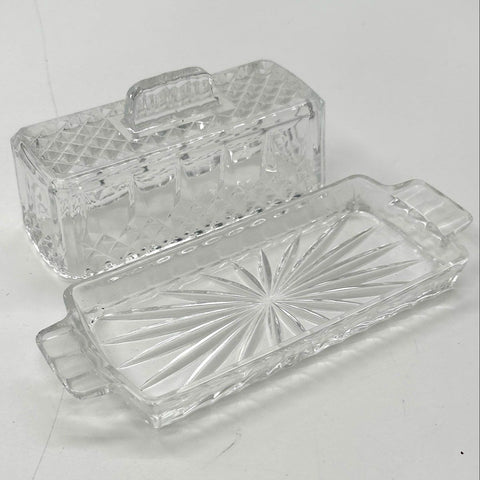Vintage Pressed Glass Diamond Point Butter Dish & Salt Pepper Shaker Set Clear