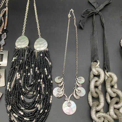 Vintage to Modern Silver Tone Chunky Statement Necklace Lot 5pc Beaded Shell