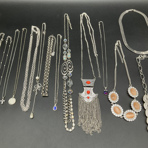 Fashion Costume Jewelry Lot 16 Necklaces Silver Tone Boho Tassel Heart Cross