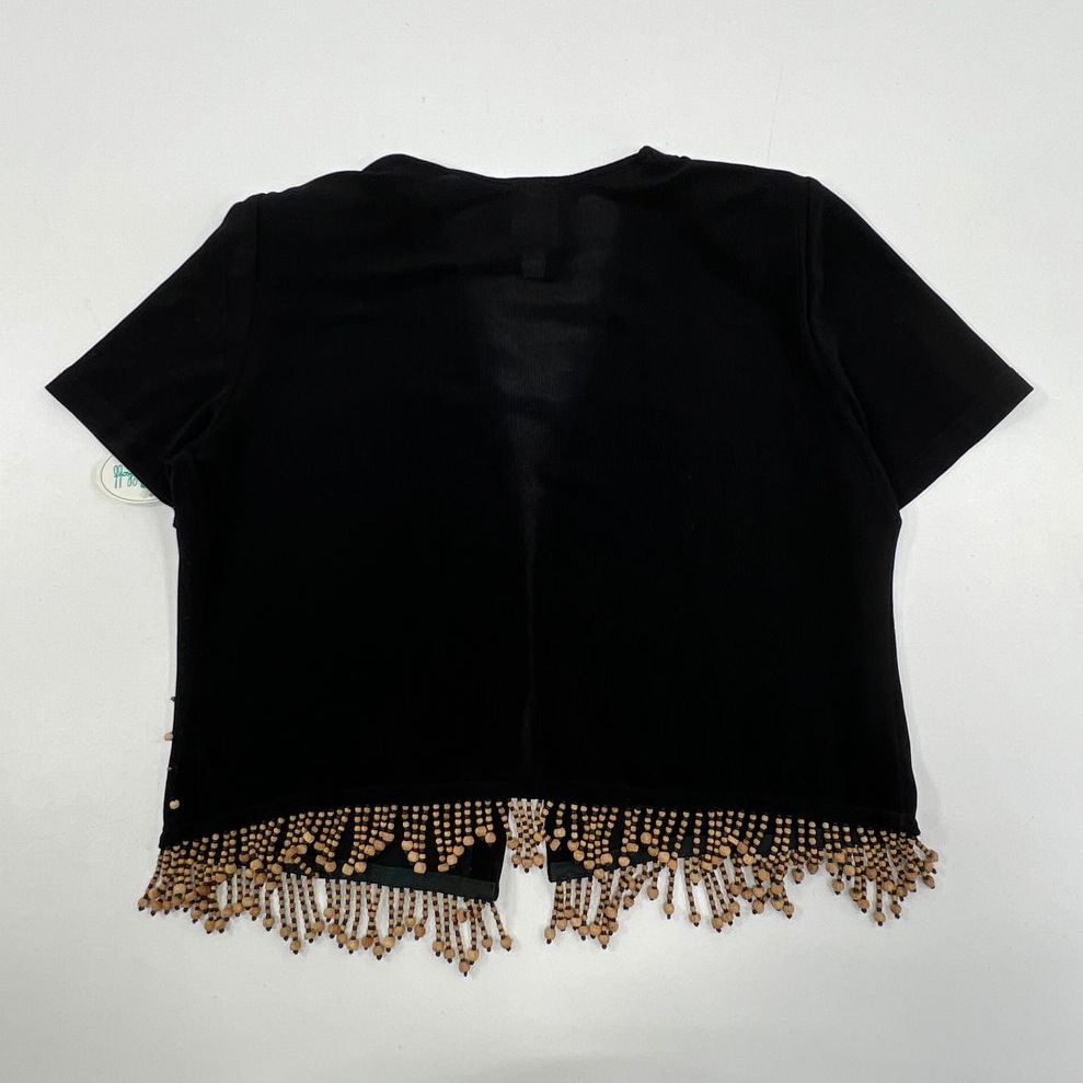 NWT Women's Joseph Ribkoff Black Knit Short Sleeve Beaded Fringe Jacket Size 14