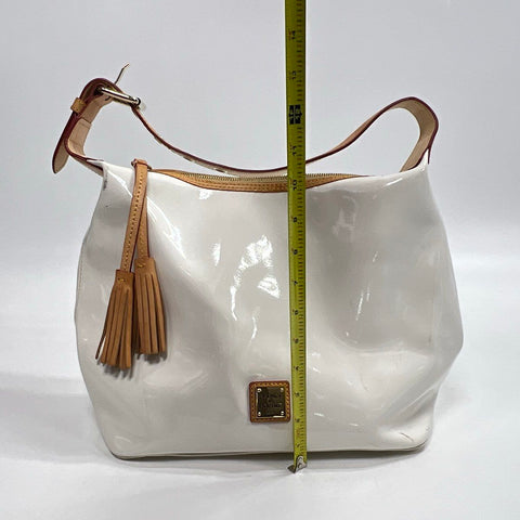 Dooney & Bourke White Patent Leather Tassel Hobo Bag Tan Trim